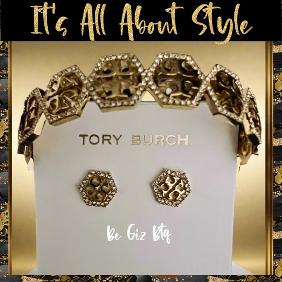 Tory Burch Authentic Hexagon Pave Frozen Logo Bracelet & Earrings Gold &Crystals